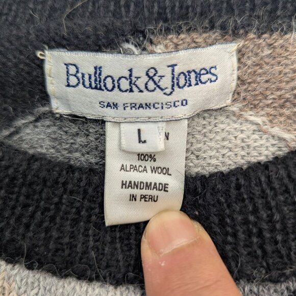 VTG Bullock & Jones 100% Alpaca Wool Sweater L Geometric Handmade Peru Black Tan - Picture 8 of 10